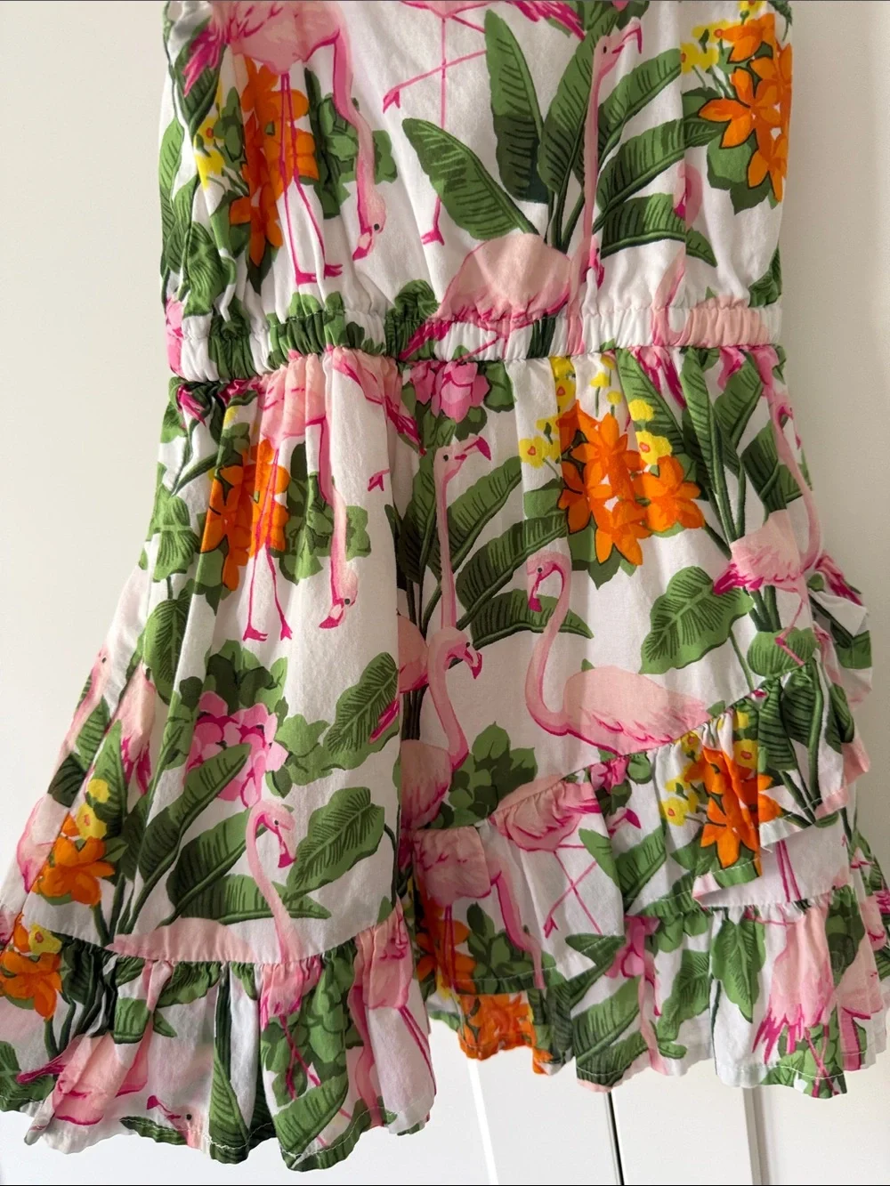 Janie and Jack White Tropical Flamingo Ruffle Dress with Matching Headband